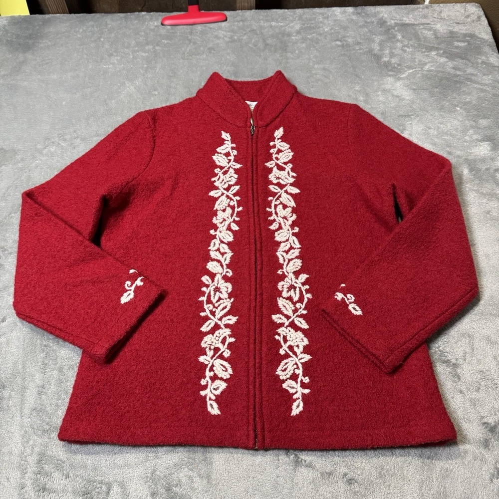 Vintage Coldwater Creek Embroidered Jacket Women Size S Red Wool Zip Sweater‎